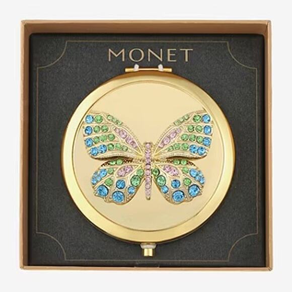 MONET Compact Mirror Butterfly Gold Tone Rhinestone New in Box - Picture 1 of 5